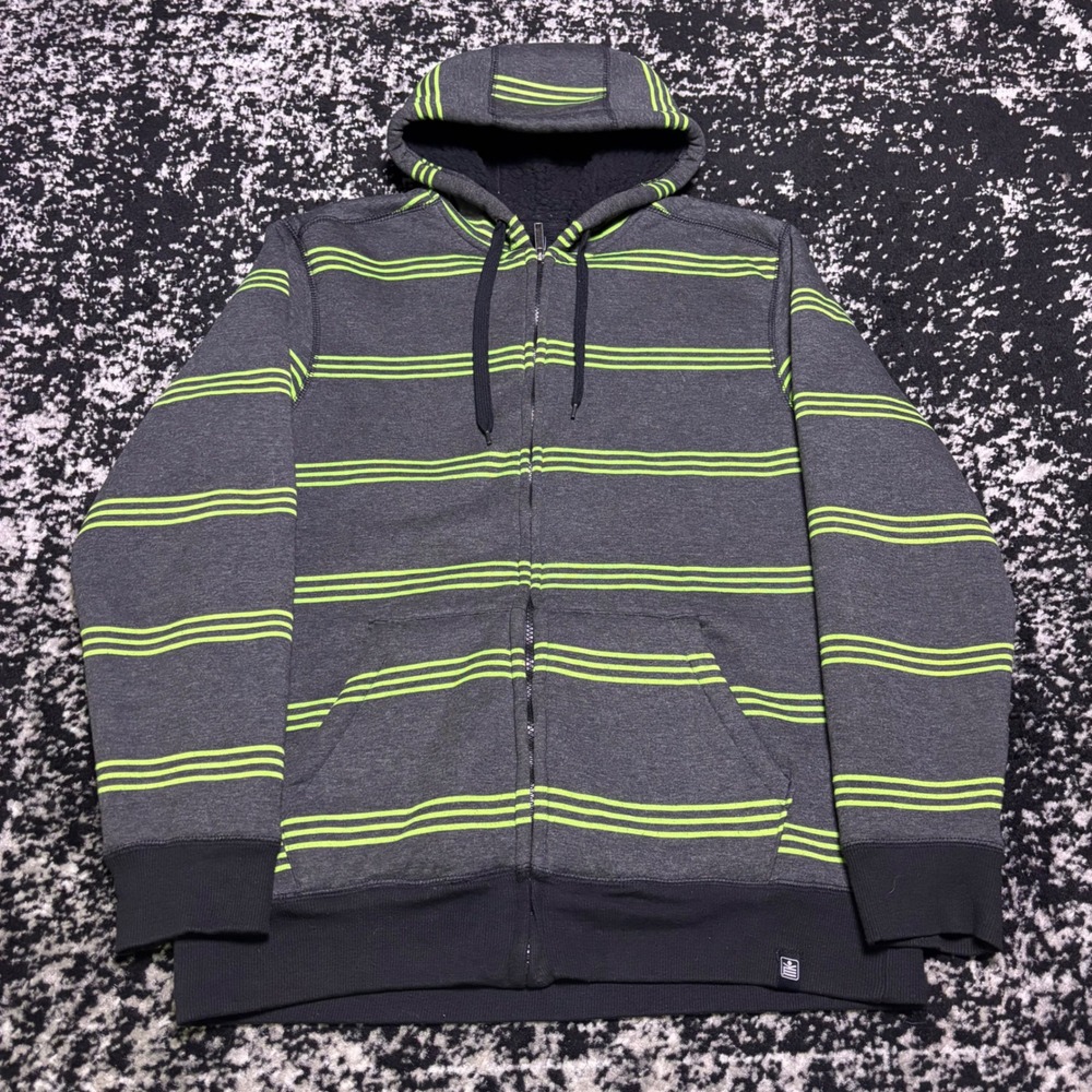 Y2K Machine Skater Zip Up Hoodie Sherpa Lined Grey Green Striped M